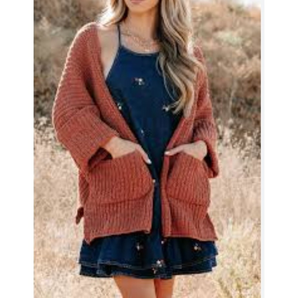 POL Cardigan Sweater Women Med Orange Chunky Knit Open Front Oversized Pockets